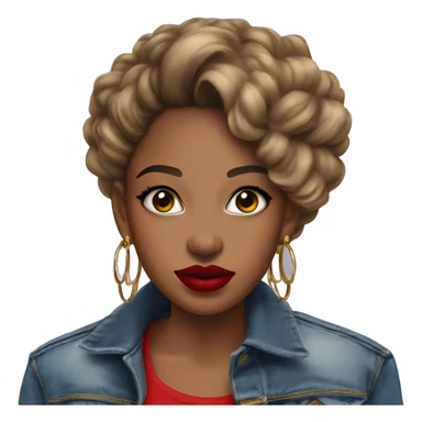Baddie brown girl denim jacket hoop earrings red lipstick  sticker