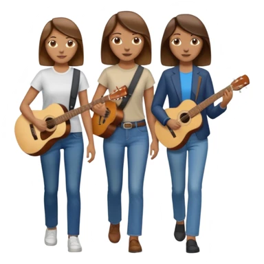 based on emoji style, like this "💁🏻‍♀️" "💁🏽‍♂️" "💁🏻", two people walking together, one is brown-haired woman, wearing business casual, holding a guitar; another one is a non-binary person, wearing t shirt and jeans, and this person doesn't have anything on their hands. they are walking together. sticker