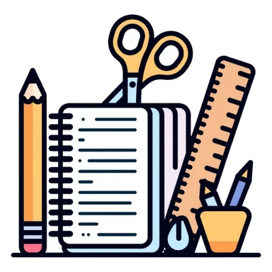 School office supplies with pencil, pen, notebook, ruler, scissors sticker