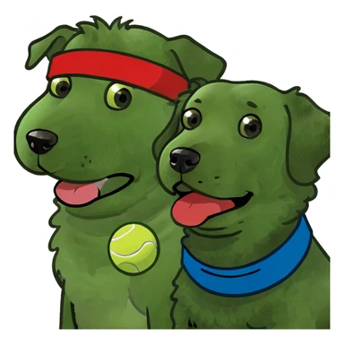  two fluffy doodle-like dogs. One is light brown with a curly coat, holding a tennis ball in its mouth. The other is black and white with curly fur. sticker