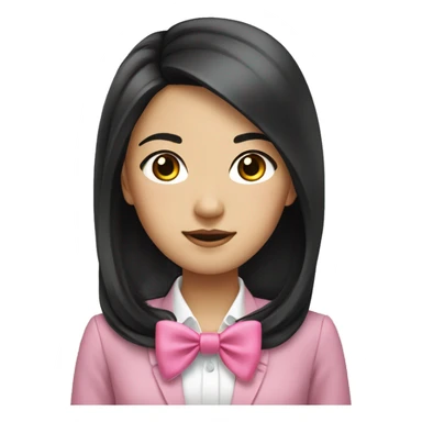 Asian girl medium length black hair in business with a pink bow sticker