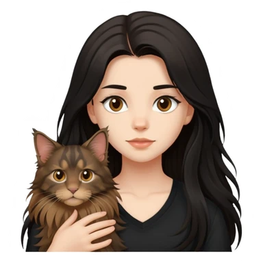 a  girl with black long hair with a brown Maine coon with black shirt sticker