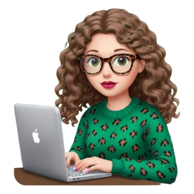 a european white young woman with long wavy/curly brown hair typing in a computer, she's using dark brown leopard glasses and knit green sweate, her lips are light red and her cheeks slightly pink sticker