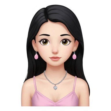 Menina branca ,cabelos pretos longos, olhos pretos puxados para cima. Cílios longos, lábios grossos ,nariz pequeno.vestido rosa claro de alça. Colar e brinco prata pontinho pequeno. Jovem  de 16 anos  sticker