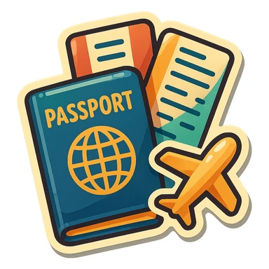 retro sticker-style image of a passport with two tickets and a small airplane icon next to them, bold outlines, juicy colors, expressive shadows and highlights sticker