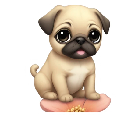 Baby pug playing with a flower pink eyes  sticker