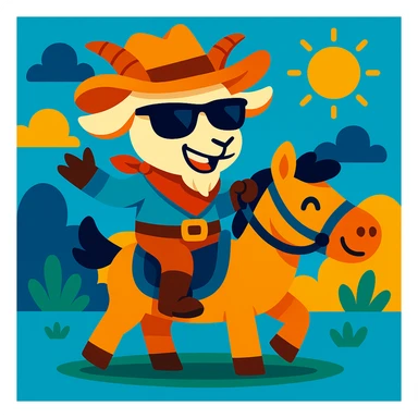 Add cool black sunglasses to the goat cowboy, keep the vibrant cartoon style. sticker