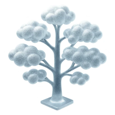 one tree with many branches, each branch made of small very bright white fluffy convex clouds, matte glass style sticker
