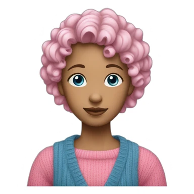 A girl, with curly blue hair, blue eyes, wearing a pink sweater. sticker