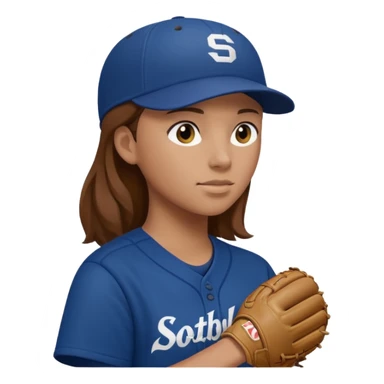 Softball pitcher pitching the ball from side view with brown hair and dark blue jersey and no hat and a face guard sticker