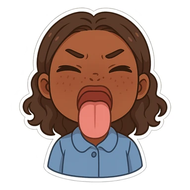 Make this a caramel-skinned girl sticking out her tongue, keep the original chibi stickers style, with no background. sticker