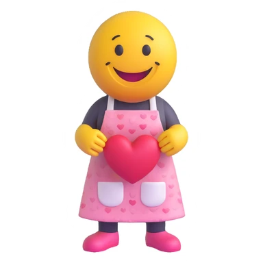 3D smiley emoji, round shape, grandmother wearing a heart-patterned apron, pink color, smiling face sticker