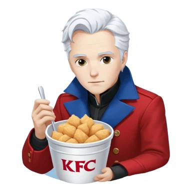 Dante and Vergil from Devil May Cry sitting together in a KFC family bucket, Dante in red coat, Vergil in blue coat, both with white hair sticker