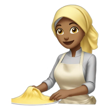 A light skin coloured hijabi wearing an apron while mixing cake batter standing behind a messy kitchen counter with ingredients  sticker