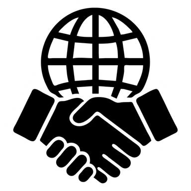 International partners icon, handshake in front of a globe, black filled style, variation 1 sticker