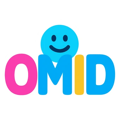 Change the text to all uppercase: 'OMID'. Keep the playful icon style with rounded shapes, friendly and colorful, suitable for branding, with no background. sticker