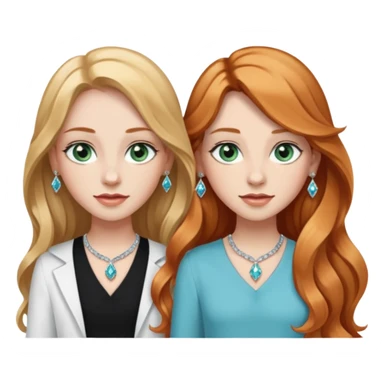 two girls top halfs, one with long wavy strawberry blonde hair and greenish blue eyes, white diamond earrings and wearing white, the other with straight black long hair, brown eyes, silver earrings and wearing black sticker