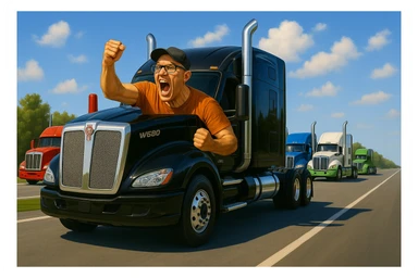 Enhance the image to be crisper and brighter, with vivid colors and sharp details. Make the highway scene with multiple semi trucks look more vibrant and clear, maintaining a realistic and detailed style. sticker