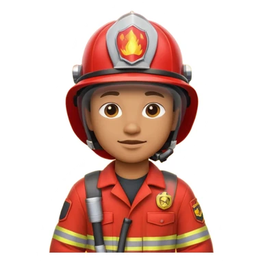 3D cartoon-style firefighter in the Apple emoji style, wearing a bright red fireproof uniform and matching helmet sticker