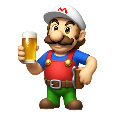 Mario plumber drinking beer with a shirt that says “HOPE” with a pipe wrench logo sticker