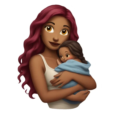 Beautiful tattooed burgundy long haired woman holding a baby sticker
