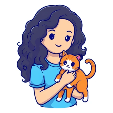 girl with long black curly hair holding a ginger cat sticker