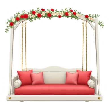 Romantic white wooden pastel-red cushions couch-swing with tiny gold flowers around sticker