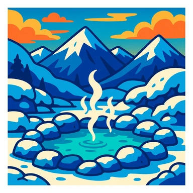 a cozy hot spring nestled in snowy mountains, steam rising, snow-covered rocks, tranquil atmosphere, vibrant toon style sticker