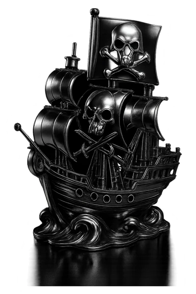 Make the flag's emblem on the pirate ship look much more like the provided skull and crossed bones: a realistic animal skull with open mouth and two curved bones crossing behind it, all in chrome. Preserve the chrome ship and night scene. sticker