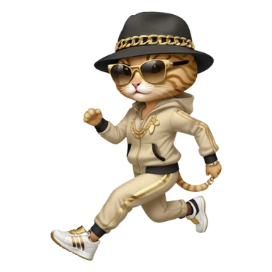 female cat running wearing Run DMC hip-hop outfit, tracksuit, fedora, Adidas shoes, dark sunglasses, lots of gold chains, bling accessories sticker