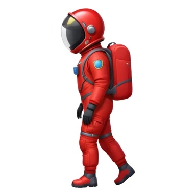 Shadowy figure wearing a red space suit and red backpack, shiny visor, side view, full body sticker