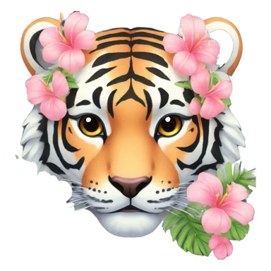 Pixel art of a pastel tiger wearing tropical flowers and leaves, flower crown, floral  sticker