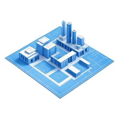 isometric view of blue blueprint plan with white lines and shaded 3D objects sticker