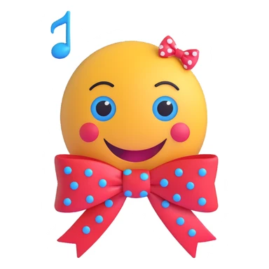 3D smiley emoji, large eyelashes, red polka dot bow, confused, one eyebrow raised, blue eyes, musical notes sticker