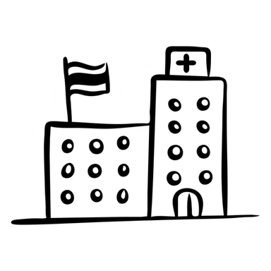 Hospital building with Thai flag on top, medical symbol, simple line drawing sticker