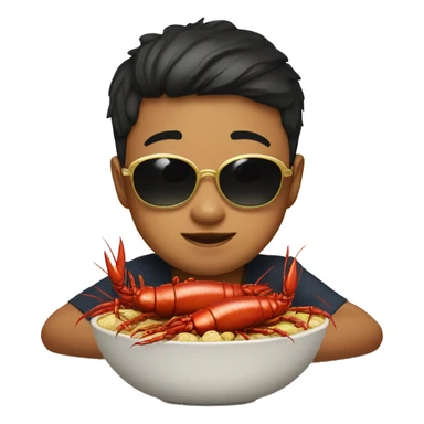Asian kid with chubby cheeks sunglasses and a gold chain in front of a bowl of crawfish sticker