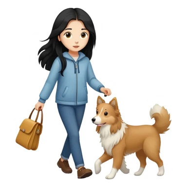 A girl with long black hair walking with a light brown collie sticker