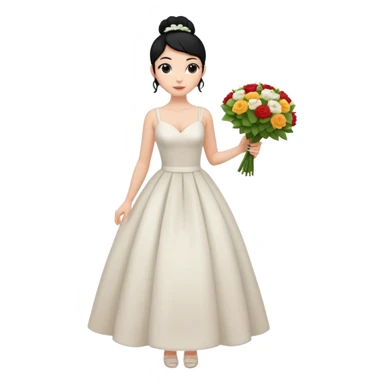 Chica blanca,cuerpo entero, vestido boda asimétrico sin vuelo tirantes , pelo negro,    ramo de flores una mano, pelo recogido en moño alto sticker