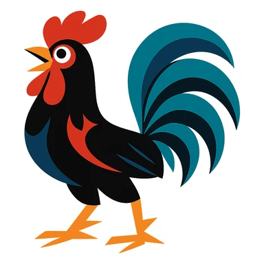 black rooster with a big tail, visually striking, bold colors, dynamic style sticker