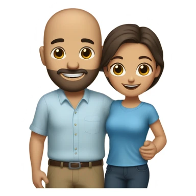Comforting hug from brunette Puerto Rican with dark brown eyes wearing a cute blue blouse to short, bald man with brown eyes, laugh lines, and a beard sticker