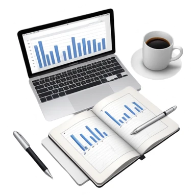 top view of a MacBook, open notebook with visible handwritten bar charts, and pen beside them sticker