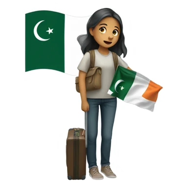 A girl crying , and holding a suitcase and Pakistan flag sticker