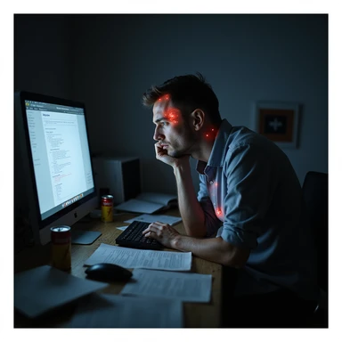 realistic tired overworked man at a cluttered desk late at night, surrounded by paperwork, glowing computer screen, energy drinks, deep fatigue, dark circles, slouched posture, subtle red glows on heart, head, gut indicating health risks, harsh cold lighting, burnout theme, moody atmosphere sticker