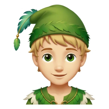 Cinematic Realistic Peter Pan Portrait, depicted with lifelike, youthful skin touched by a gentle sun-kissed glow. His bright, expressive eyes and confident smile evoke a timeless sense of wonder. Dressed in his iconic green tunic and feathered cap, every detail is rendered with soft, natural lighting that highlights his blend of innocence and courageous spirit. sticker