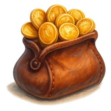 В cлегка рисованной, но при этом объемной и яркой стилистике сгенерируй картинку кожаного кошелька, из которого торчат натуральные фотореалистичные золотые монеты. Они должны выглядеть не как пластмассовые, а как настоящее золото. Прозрачный фон sticker