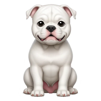 cinematic-[solid white american bulldog]-realistic-full-body-sitting-emoji,-tail-resting-loosely-beside-its-paws,-head-tilted-dramatically,-sleek-[solid white]-fur,-simplified-yet-realistic-focused-features,-highly-detailed,-glowing-with-an-almost-sarcastic-glow sticker