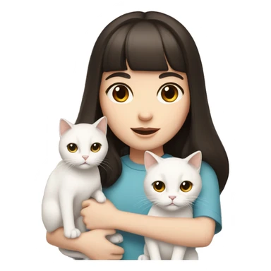 A pale girl with dark brown hair and dark brown eyes and bangs holds a white cat in her hands sticker