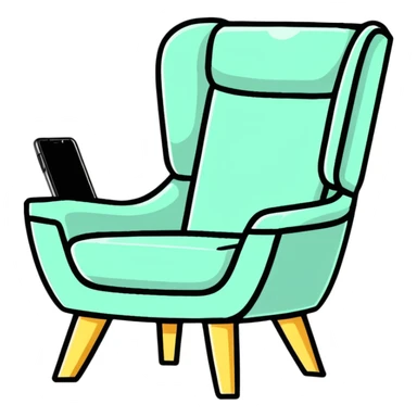 angled smartphone in foreground displaying armchair product page, with sparkle effect on the left side sticker