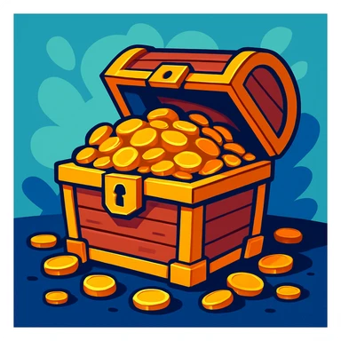 a treasure chest overflowing with gold coins, vibrant cartoon style sticker