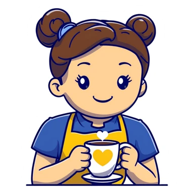 Cute brunette barista girl with hair in a bun wearing yellow shirt and dark blue apron, she's relaxed and making heart-shaped latte art, smiling at the coffee cup with a heart design in the foam sticker